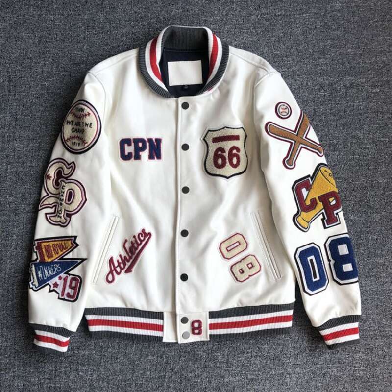 Men's Spring And Autumn Baseball Uniform Men's Handsome Trendy Leather Jacket Heavy Industry Embroidery White Short Coat Ins Hot