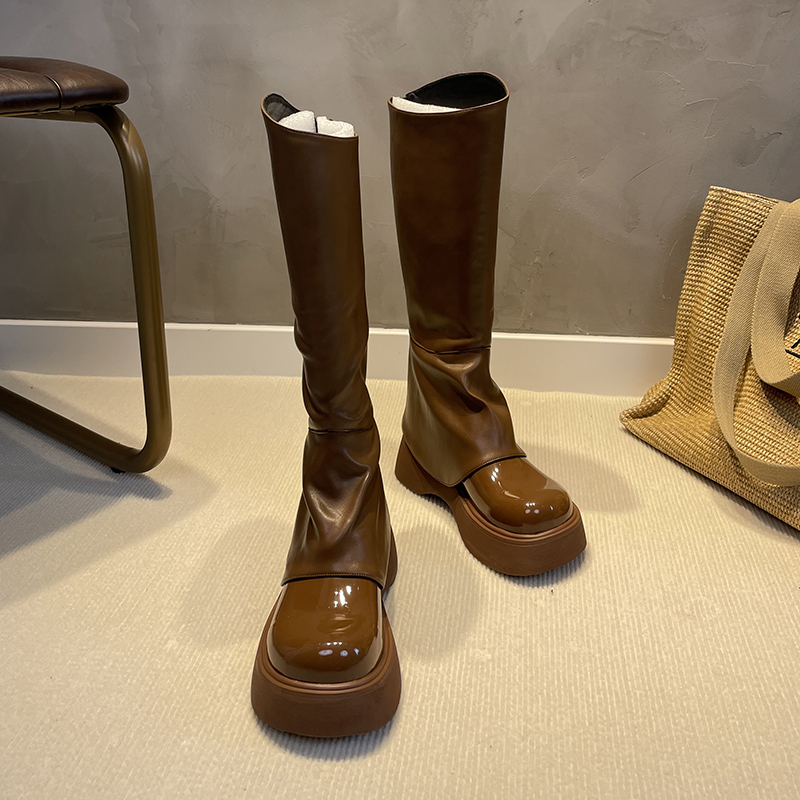 Flat Motorcycle Wedges Woman High Heel Platform PU Leather Lace Up Women Shoes Black Boots Girls e5ed