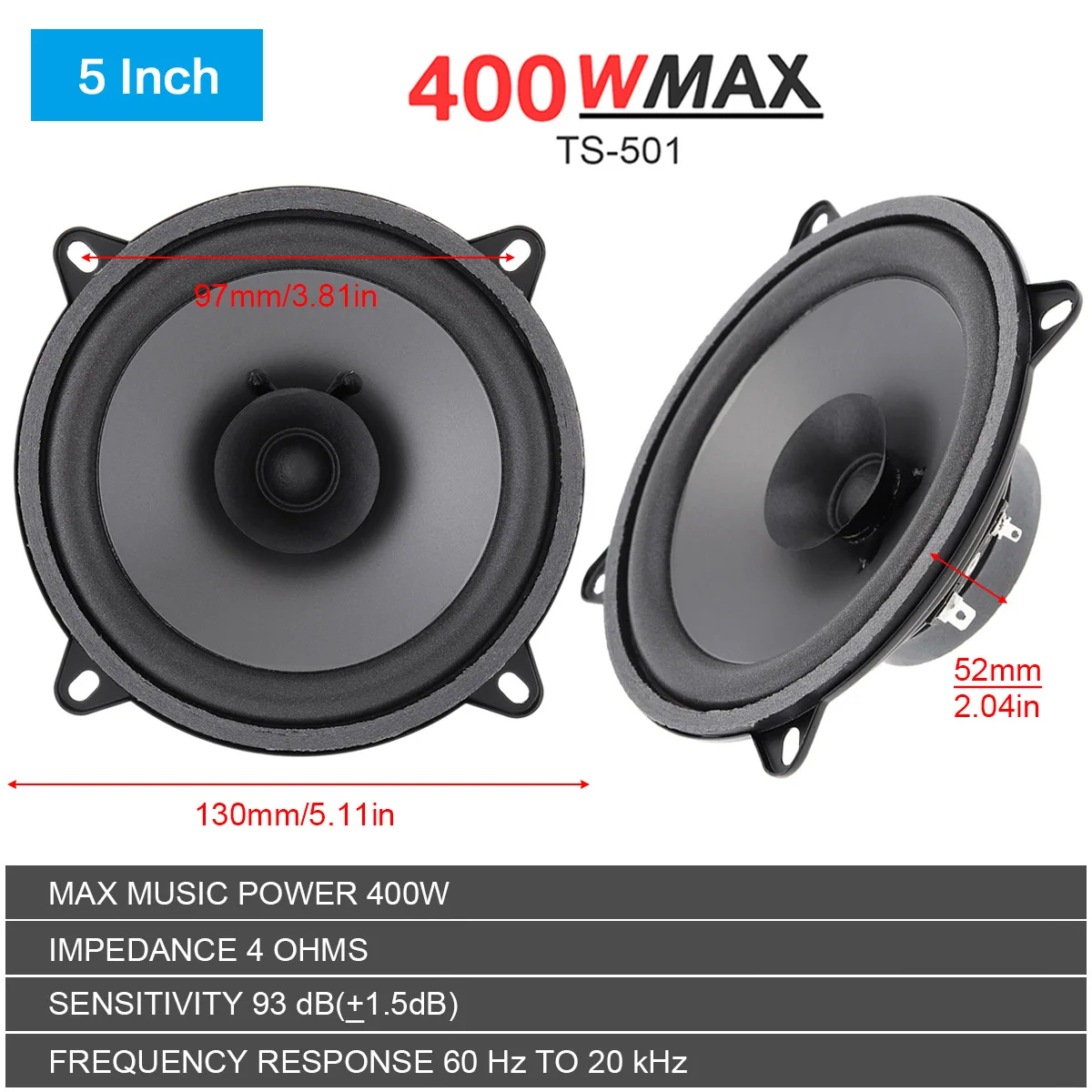 4/5/6 Inch Universal Car HiFi Coaxial Stereo Speakers 300/400/500W Auto Door Audio Music Full Range Frequency Speaker