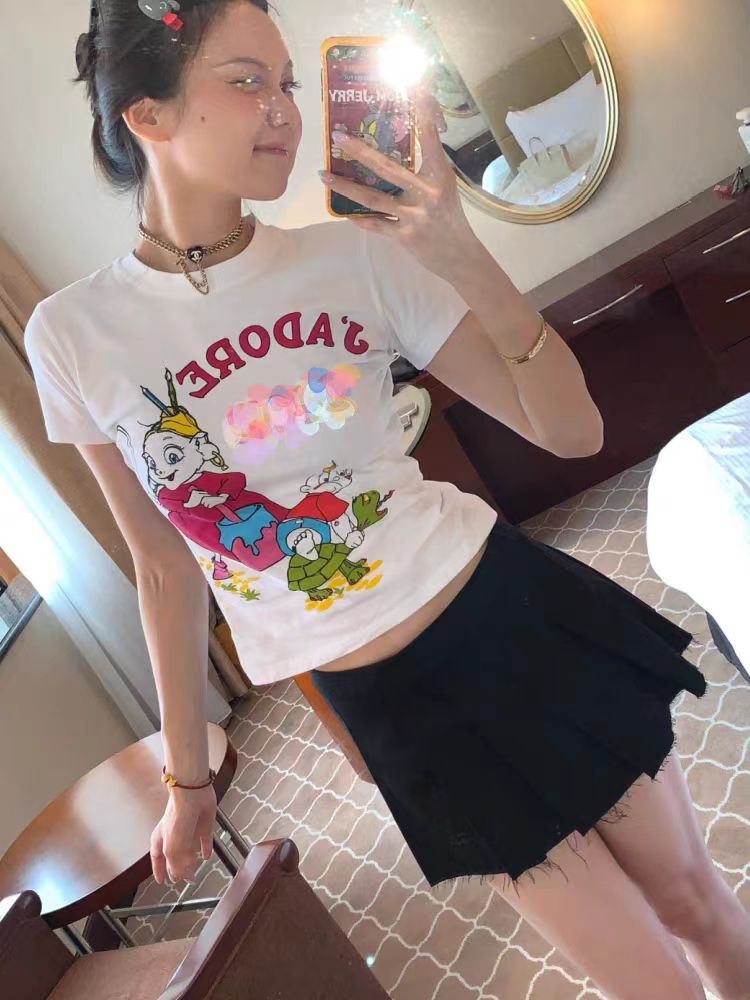 Retro Printed Short Slve Slim Fit T-Shirt for Women - Round Neck Versatile Casual 2024 Style y250528DH1A