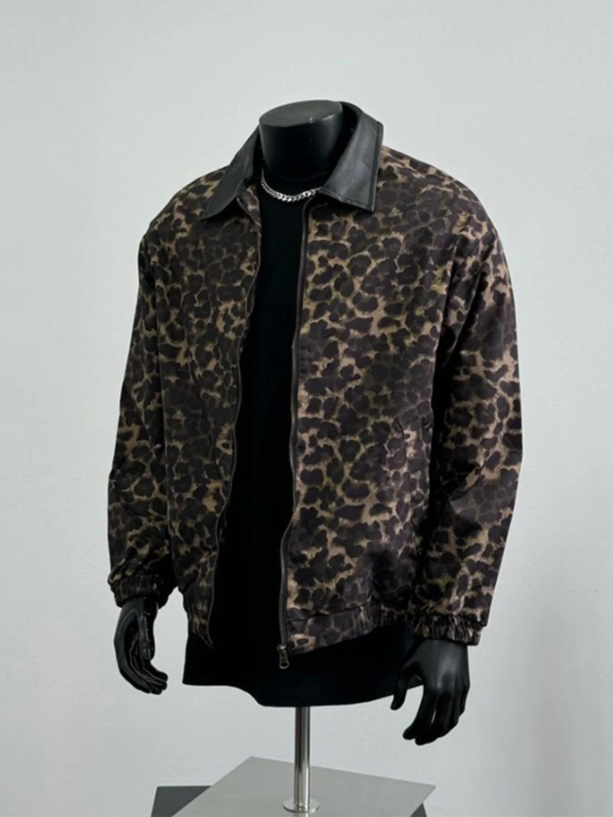 HOUZHOU Y2K Leopard Print Jacket Mens Loose Top Retro Zipper Open Coat Mens Motorcycle Coat Leather Collar Patch 241108