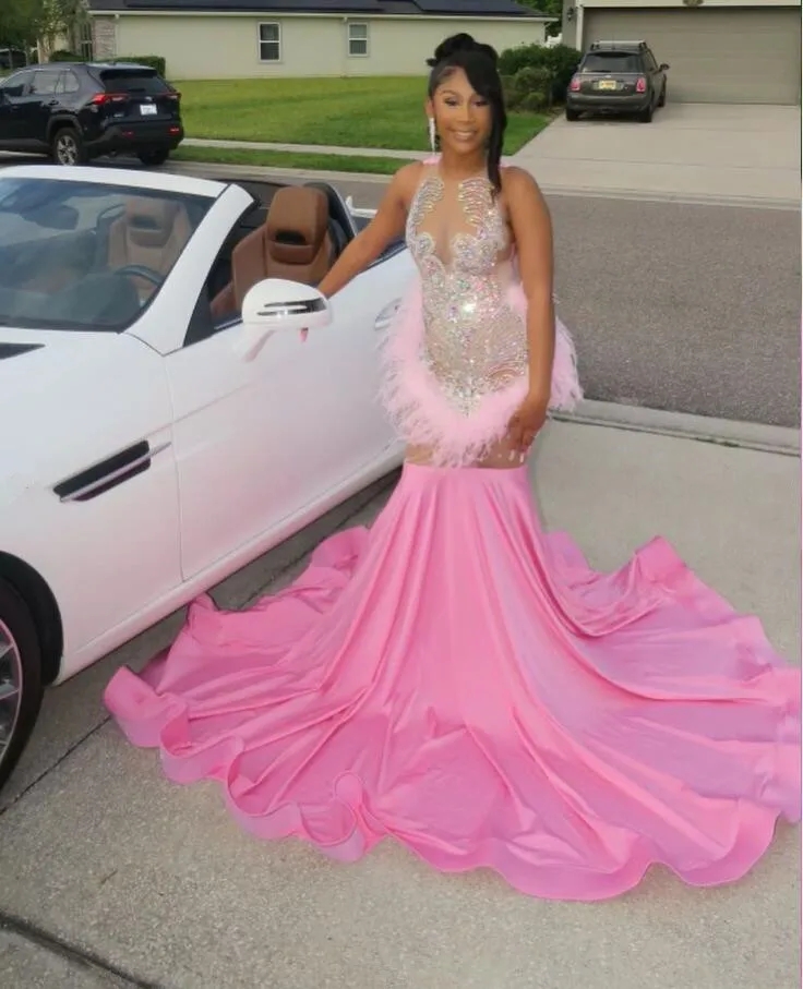 Hot Pink African Prom Dress for Women 2024 Crystal Feather Trumpet Evening Pageant Gown robe soiree de