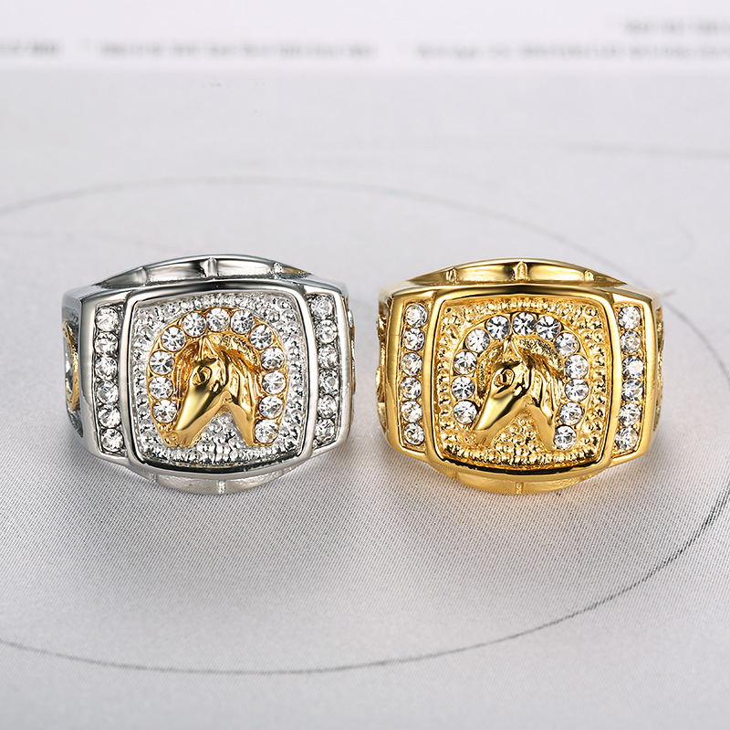 Hip Hop Stainless Steel Horse Head Casting Ring Gold Plated Gold Silver Color with Zircon