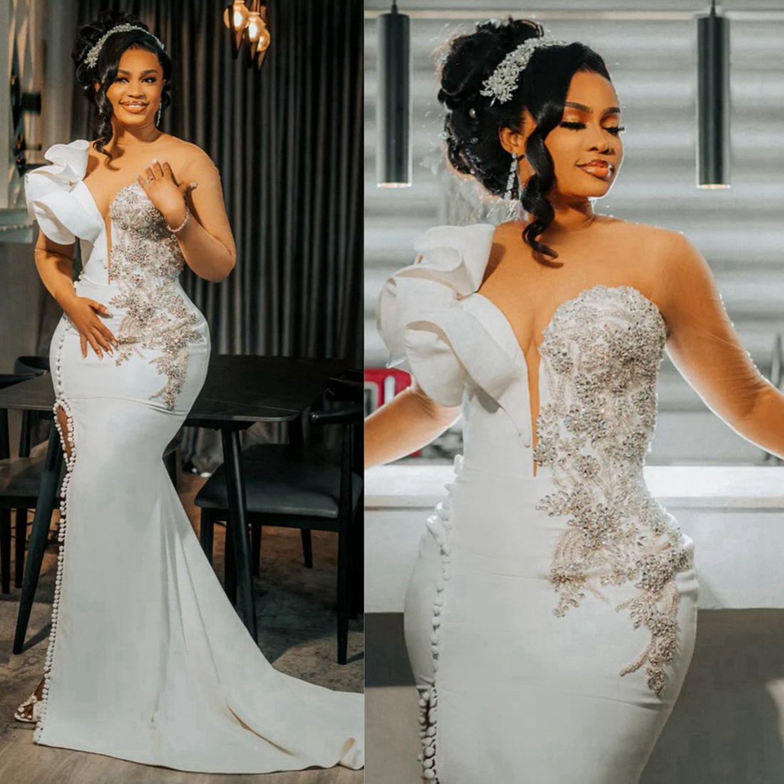 2024 Mermaid Wedding Dress for Bride Illusion Bridal Gowns Sheer Neck Long Sleeves Side Split Crystals Decorated Wedding Gowns for African Nigeria Bla