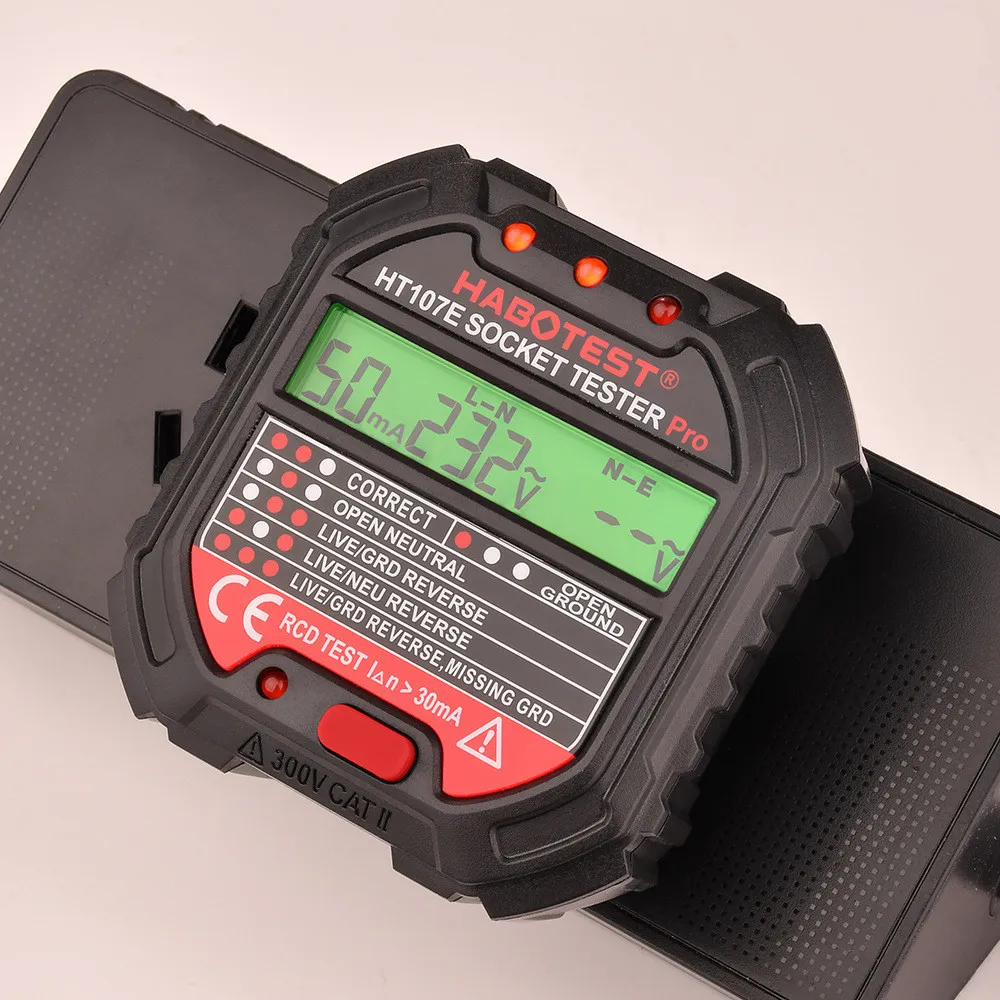 HT107 GFCI Outlet Tester with Voltage Display 90-250V Socket Tester Automatic Electric Circuit Polarity Voltage Detector HT106