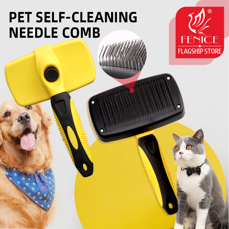 Fenice Self Cleaning Curved Needle Comb Brush for Dog Cat Removes Hair Massages Pet Comb Grooming Supplies