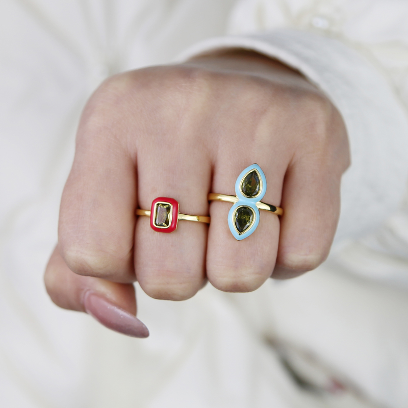 Pastel Enamel Geometric Bezel Band Rectangle 5A Cubic Zirconia CZ Sparking Engagement Band Ring for Women Fashion Jewelry