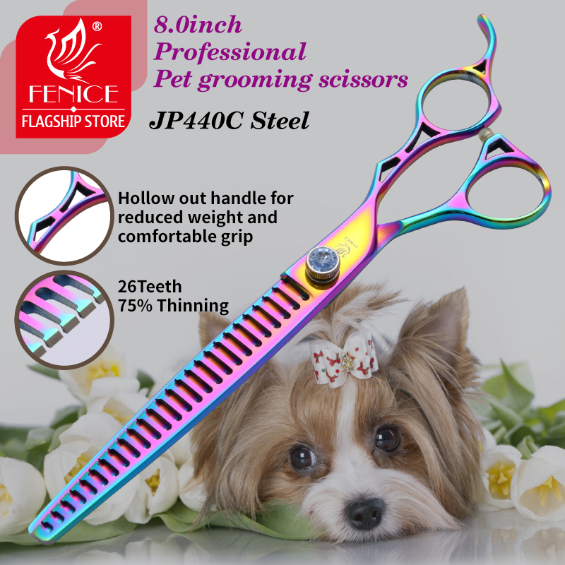 Fenice 8 Inch Dog Thinning Scissors 26 Teeth Professional Shears for Dogs Purple Pet Scissors Thinning Rate 75%