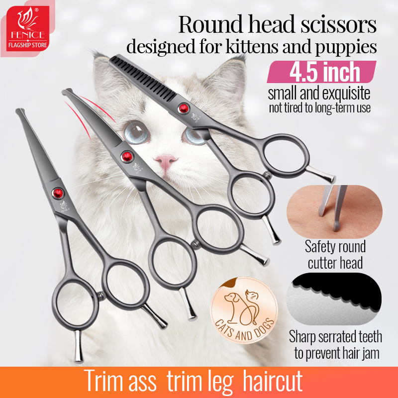 Fenice professional 4.5 inch safely round tips top pet dog grooming scissors curved&straigt$thinner scissors for Face, Ear, Nose