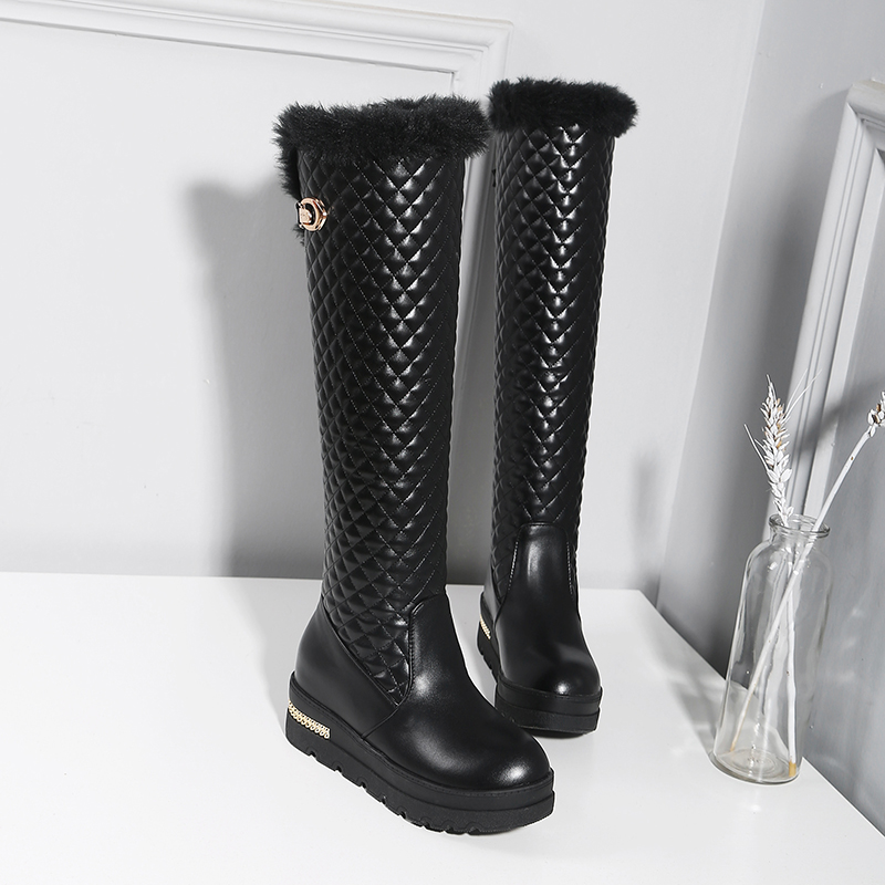 Winter New Brand Warm Snow Boots Women Waterproof Leather Fur Plush Wedges Knee High Boot Black White Ladies Shoes Comfortable fb7f