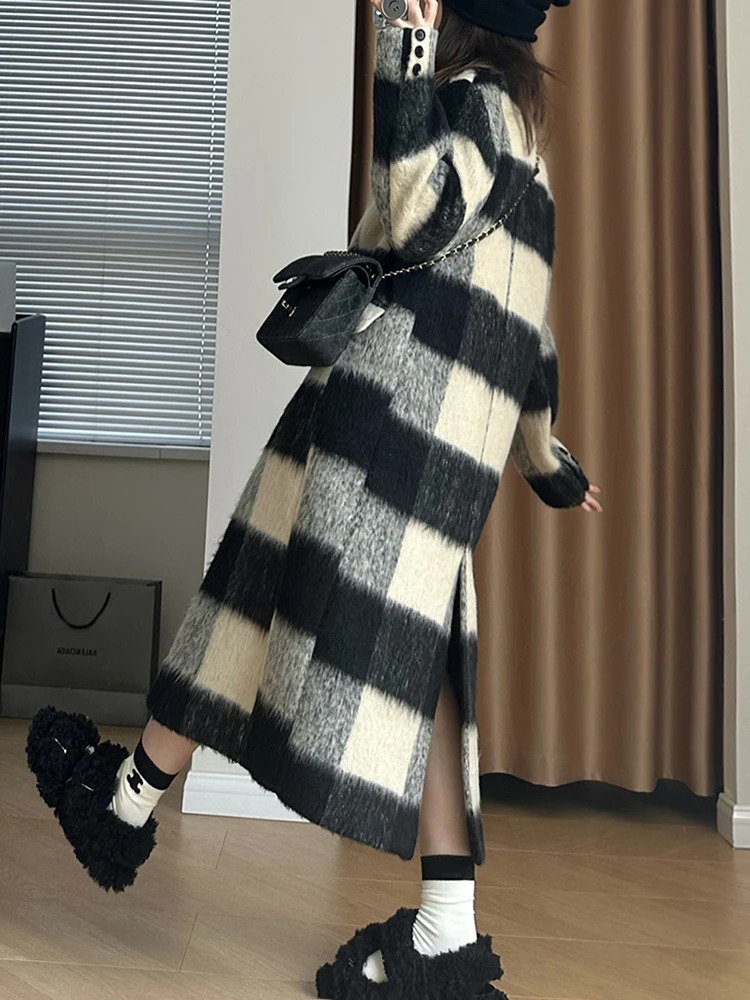 EAM plain weave thin shoulder strap long wool coat loose fit collar long sleeved womens jacket fashionable trend winter 30A2342 241108