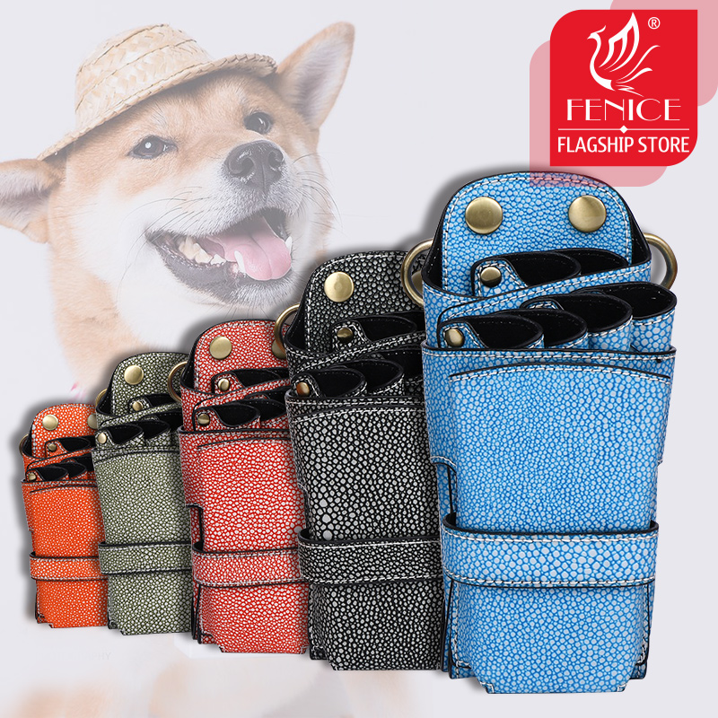 Fenice PU Leather Rivet Pet Scissor Bag Clips Bag Hairdressing Barber Scissor Holster Pouch Holder Case with Waist Shoulder Belt