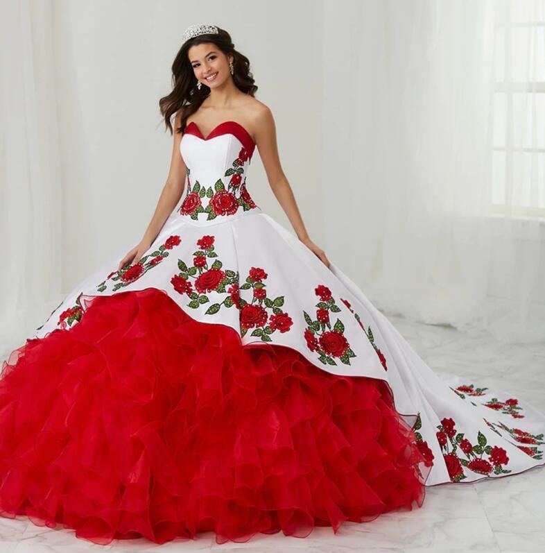 Charro Red Quinceanera Ball Gown Sweetheart Organza Appliques Mexican Sweet Dresses Anos