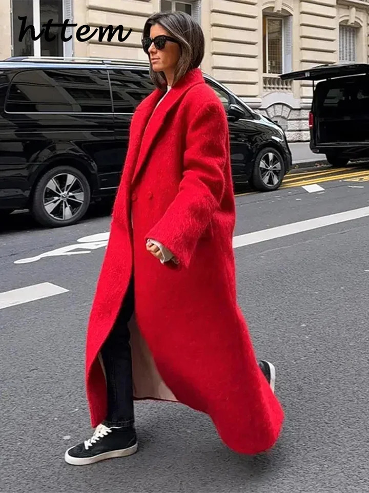 Street Wool Blended Womens Long Red Coat Loose Collar Single Chest Pocket Coat Autumn Winter Womens Solid Street Clothing 241108
