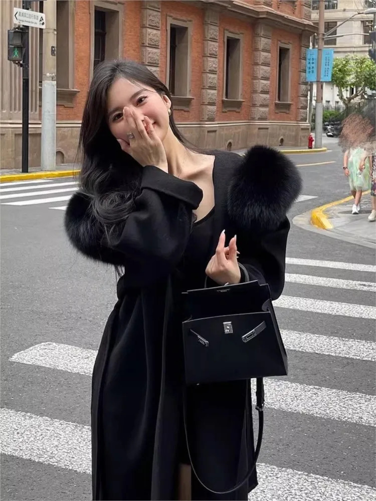 Womens elegant pink sweet wool jacket fur collar casual loose fit Korean style warm jacket with winter hooded Christmas jacket 241108