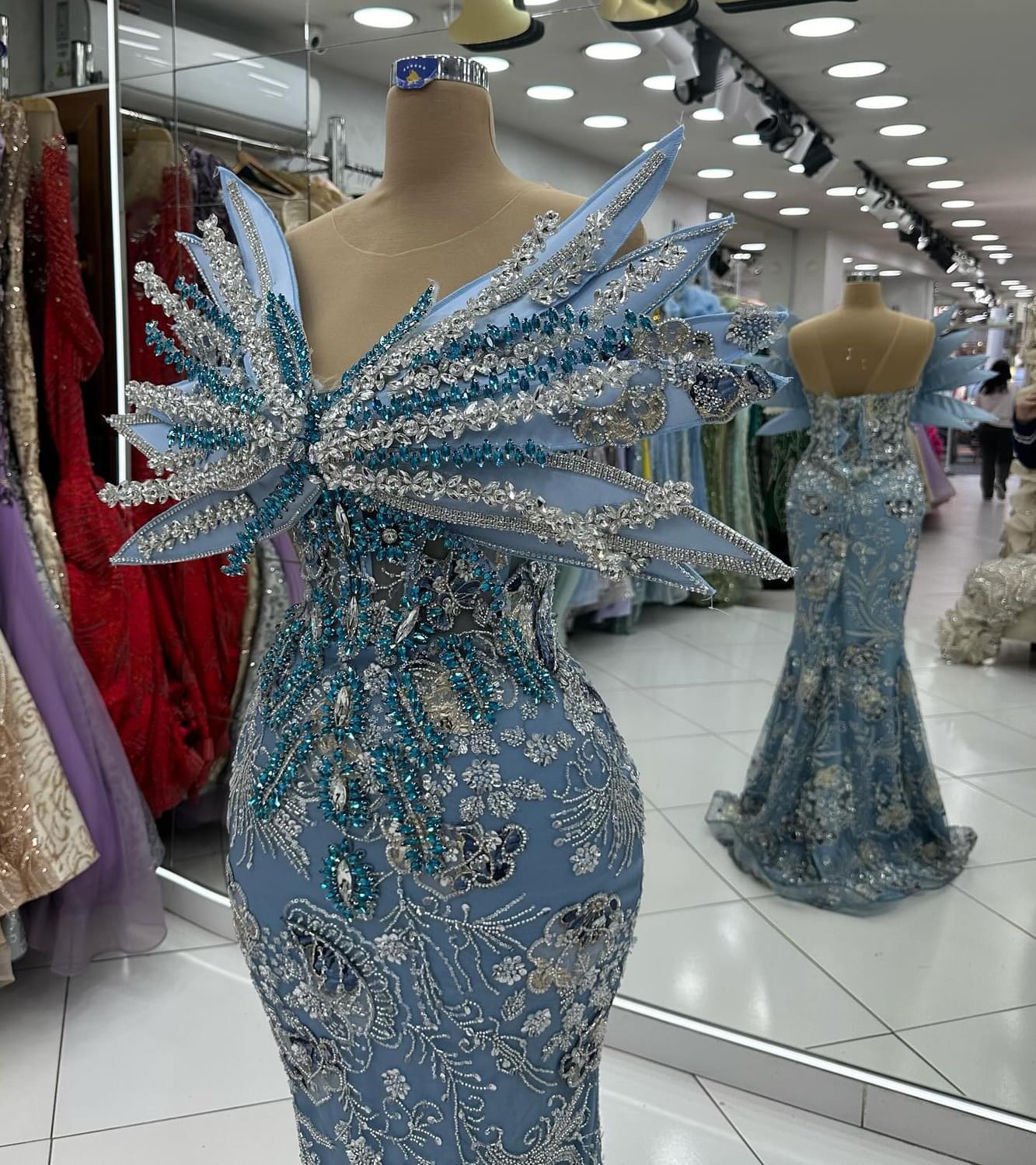 2024 Plus Size Sky Blue Mermaid Prom Dresses For Special Occasions Florals Rhinestones Sequined Lace Evening Party Birthday Gowns Dress For Women Vest