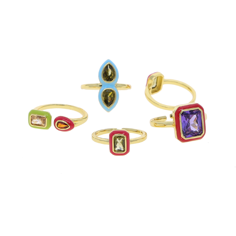 Pastel Enamel Geometric Bezel Band Rectangle 5A Cubic Zirconia CZ Sparking Engagement Band Ring for Women Fashion Jewelry