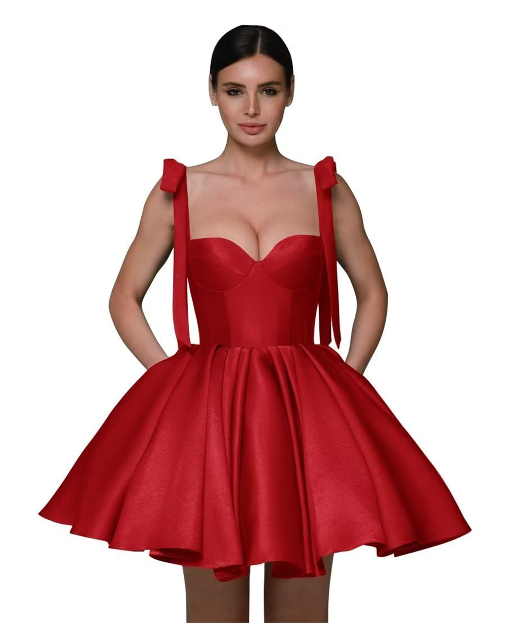 Short Spaghetti Homecoming Dresses Satin Lace-up Sexy Backless Pockets Ball Gown Sweetheart Cocktail Formal Occasion Cocktail Prom Party Graudation Go