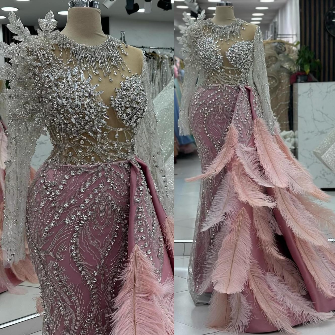2024 Plus Size Pink Mermaid Prom Dresses For Special Occasions Florals Rhinestones Feather Evening Party Birthday Gowns Dress For Women Vestidos de no