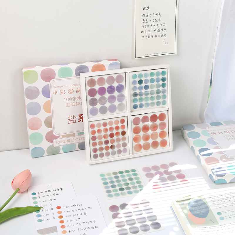 100 Sheets Watercolor Polka Dot Sticker Bullet Journaling Accessories Scrapbooking DIY Color Label Washi new Sticker 2025 Stationery Gift