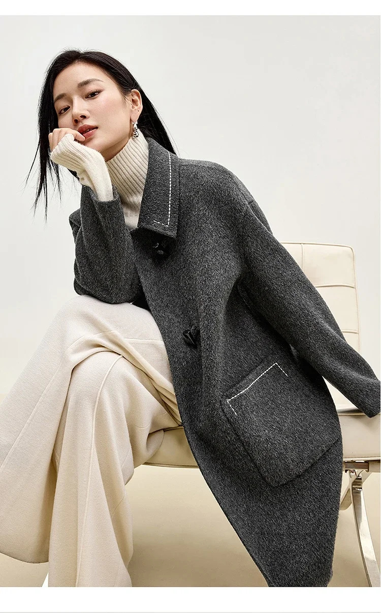 SENTUBILA Korean style 100% wool coat womens winter oversized double-sided lapel large pocket coat W44O56662 241108