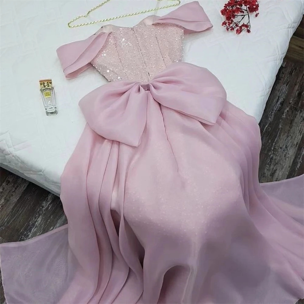 Elegant Pink Mermaid Evening Dress 2024 Off-the-shoulder Sequins Beads Organza Women Prom Formal Gowns Vestidos De Feast Robe De Soiree