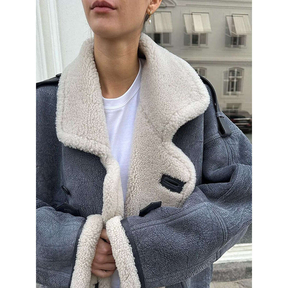 Fashion Blue Lamb Wool Ed Thick Coat Women Casual Single Breasted Lapel Pocket Warm Jacket 2024 Winter New Lady Chic Outwear