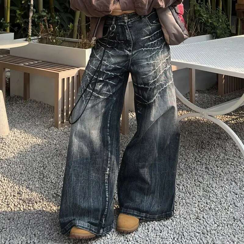 American High Street Design Distressed Scratched Tie-Dye Jeans For Men And Women In Autumn Oversize Wide-Leg Or Mopping Pants