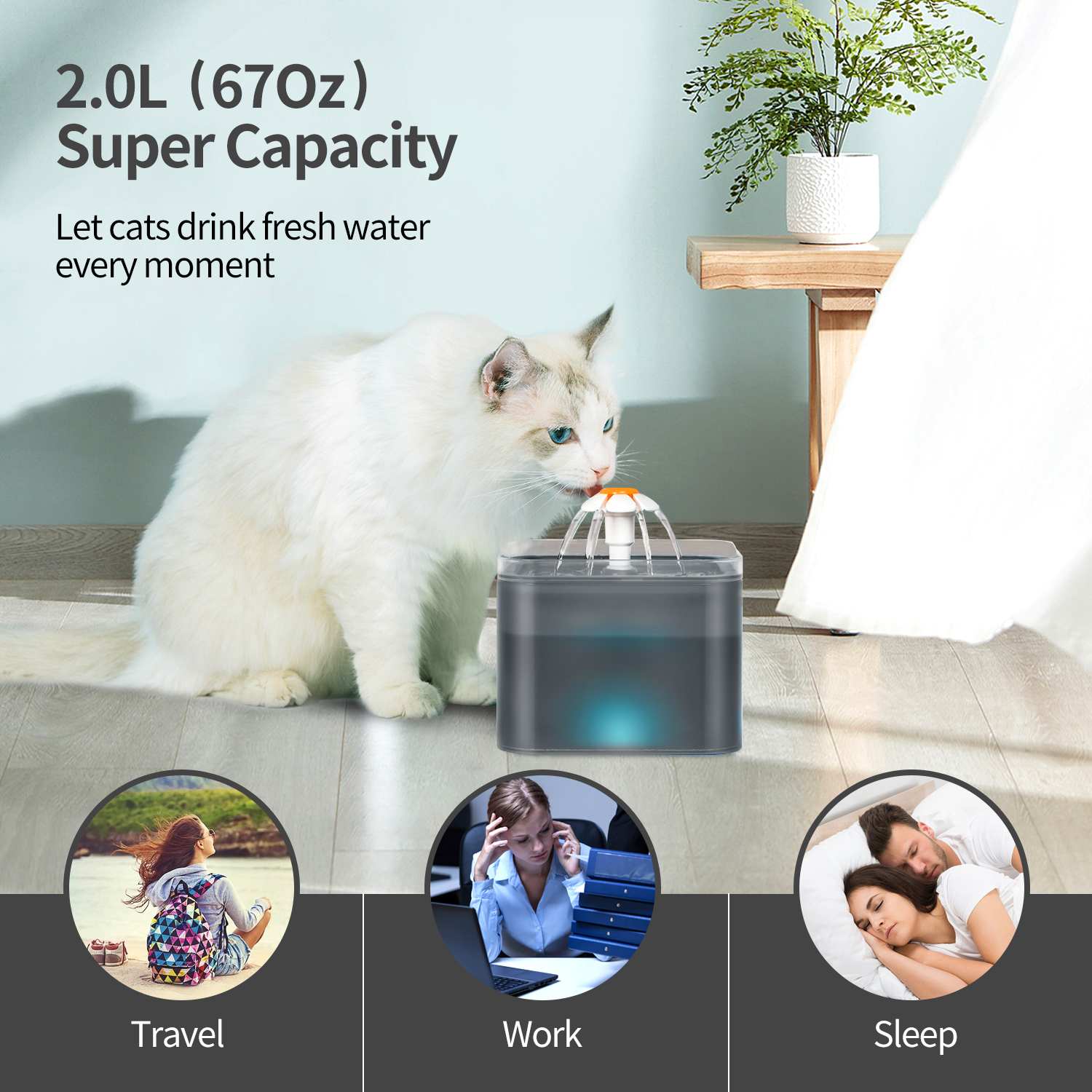 Cat Water Fountain Ultra Quiet Automatic Drinking Water Dispenser Pet Water Fountain with LED Light 2L Capacity with Filter