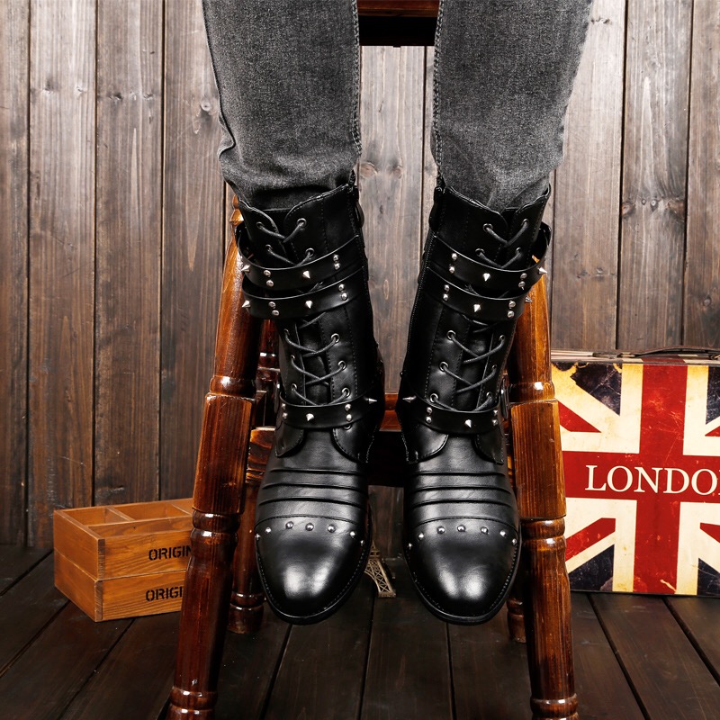 Idopy New Autumn Gothic Men 2025 new Pointed Toe Stage Performance Faux Leather Boots Male Punk Studs High Heels Shoes Rivet Booties