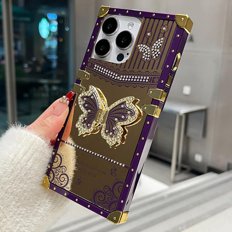 Luxury Glitter Diamond Butterfly Stand Square Cases Stand Metal Corner For iPhone 16 15 14 13 12 11 Pro Max Samsung S21 S23 FE S22 S24 Ultra A15 A35 A