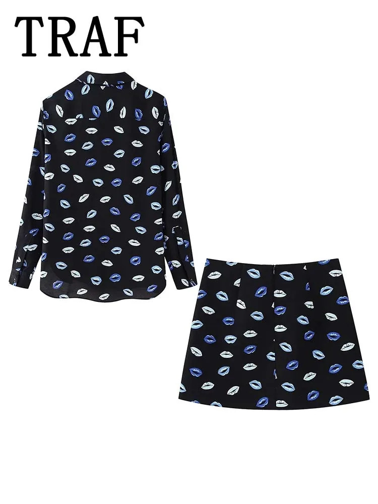 TRAF 2024 Printed Women Mini Skirt Sets For Women 2 Pieces Long Sleeve Shirts Top Women Suits Two Piece Set Women Outfit 240410