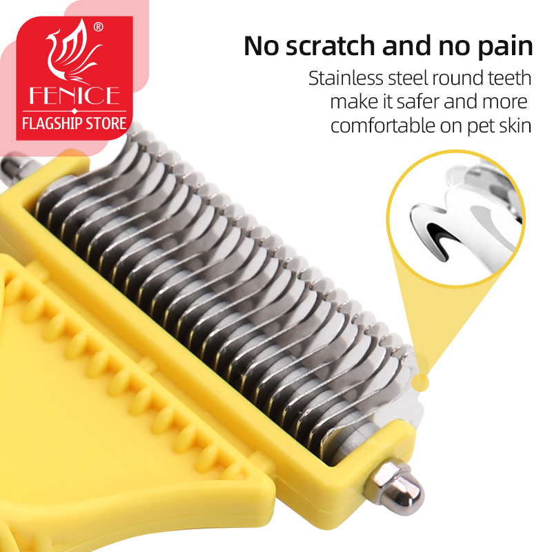 Fenice Professional Pet 2 Double-Sided Grooming Rake Comb Comfortable Handle Pet Grooming Brush For Dog Cat Removing