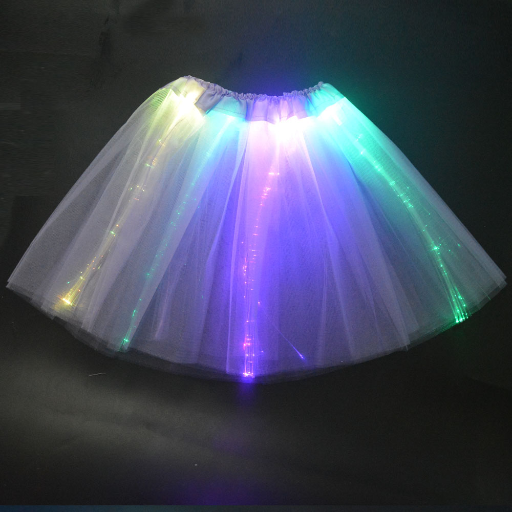 Women Girl LED Light Up Tulle Optical Fiber Tutu Skirt Luminous Fairy Costume Birthday Gift Glow Party Halloween