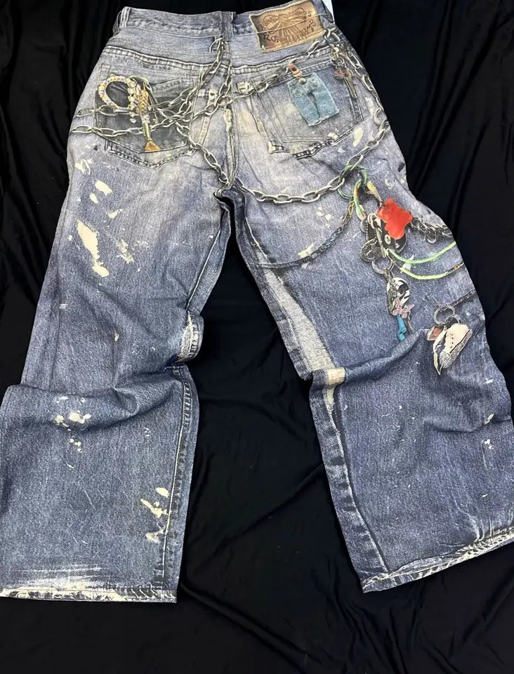 Y2K Mens Retro Street Printing Digital Crop Printing Jeans Mens Loose Straight Personalized Fashion Mop Wide Legs Trousers 241108