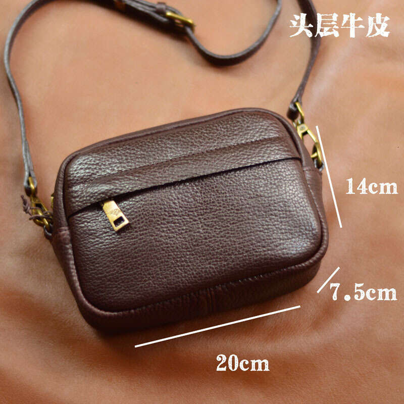 Leather Art Women's Handmade Top Layer Cowhide Vintage Vegetable Tanned Leather Small Square Crossbody Bag Mobile