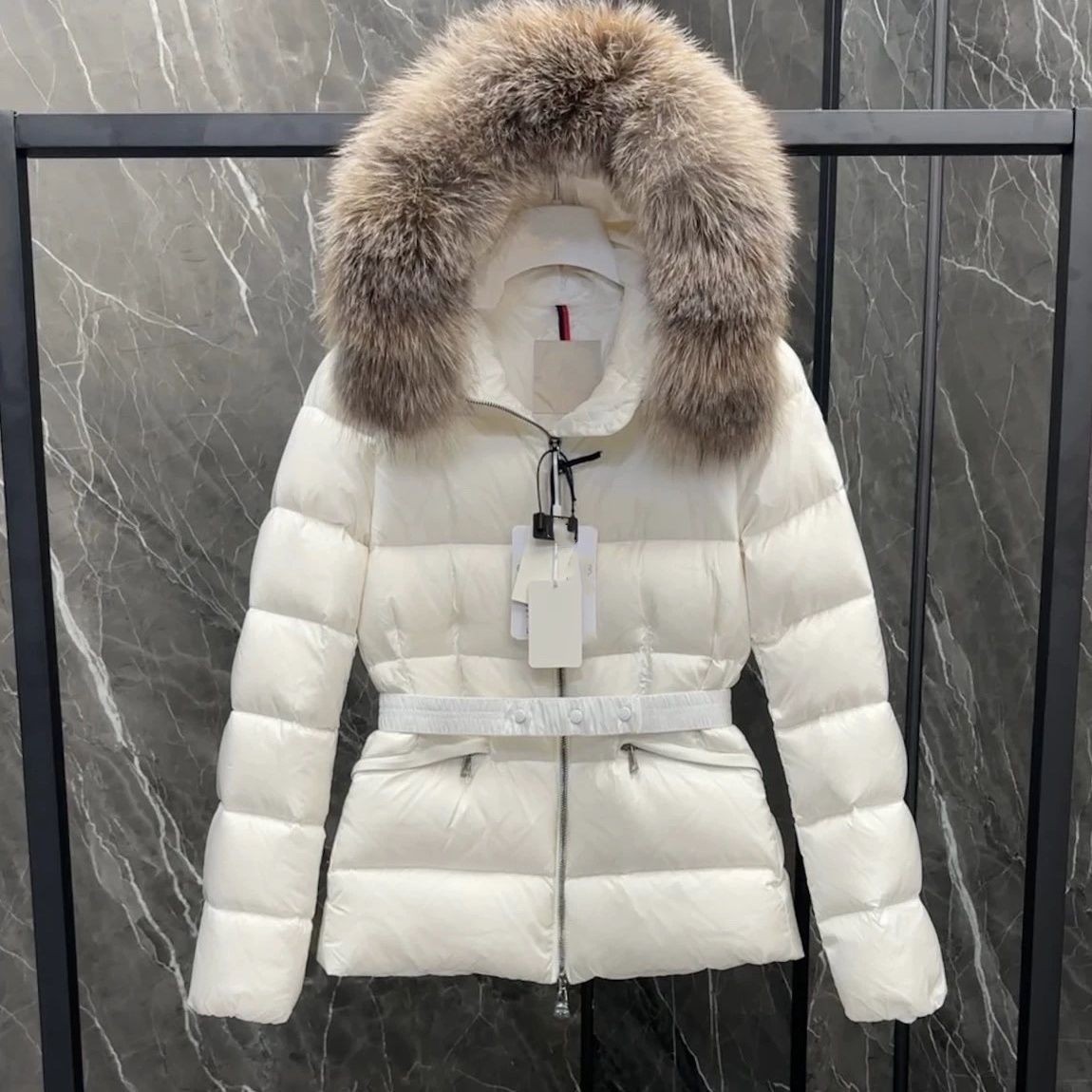New designer women for fur hooded white duck down slim waist sashes with belt luxury warm parkas jackets coat SML