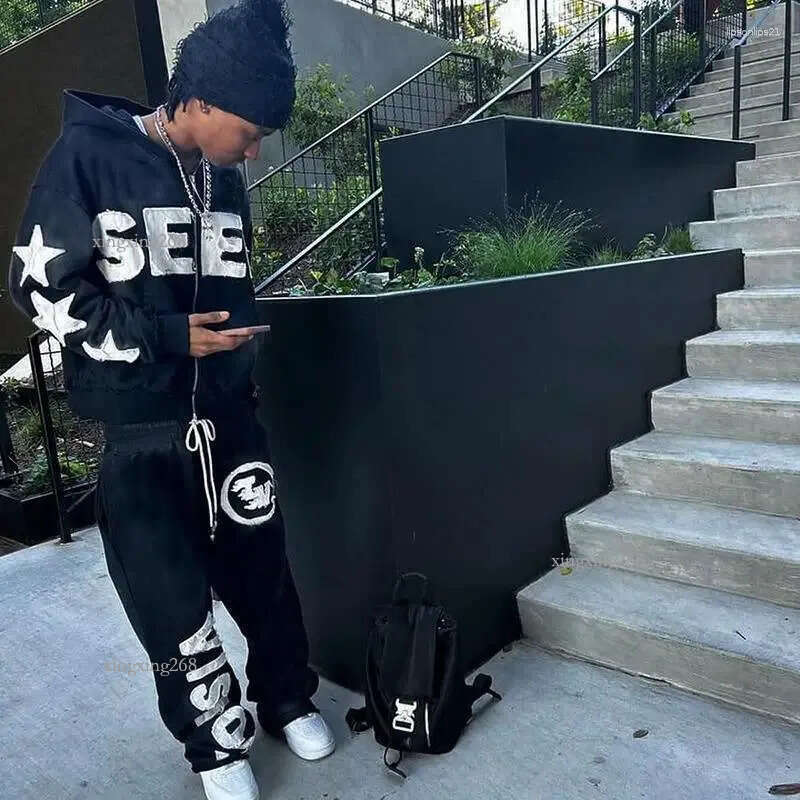 Men's Pants Y2K Hooded Sweatshirt Hip Hop Gothic Letter Patch Designs Streetwear Zip Up Hoodie Vintage Graphic American Retro Trousers