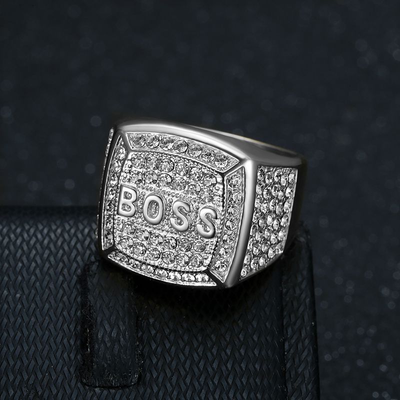 Hip Hop Square Stainless Steel BOSS Letter Casting Ring Real Gold Plated woth Zircon Jewelry