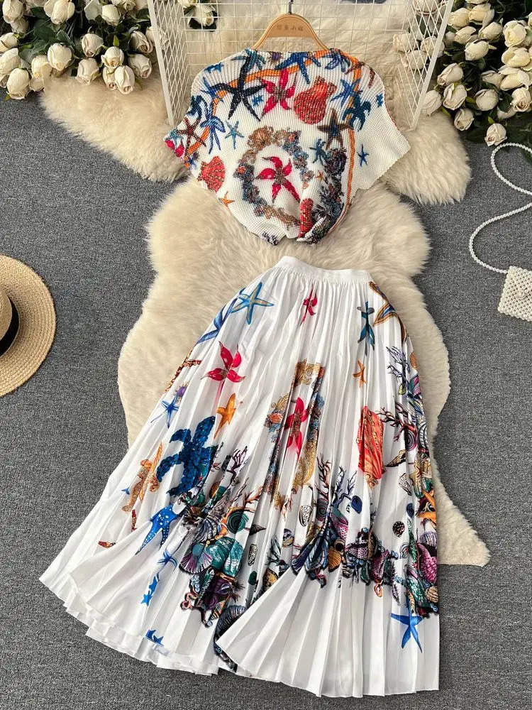 Summer Runway Pleats Floral Print Two Piece Set Women Half High Collar Stretch TopElastic Waist Long Pleated Skirt Outfits 240329