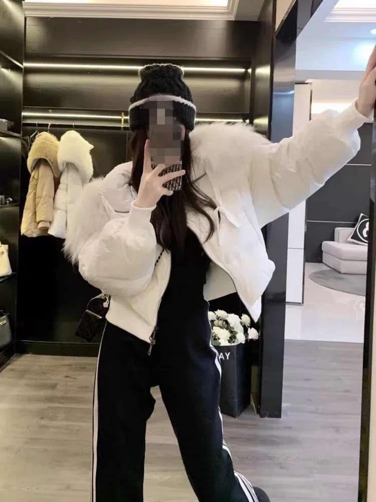 Winter Womens Down Jacket Raccoon Fur Collar Hooded Short Coat Long Sleeve Fashionable Casual Loose Fit Thick Coat 241108