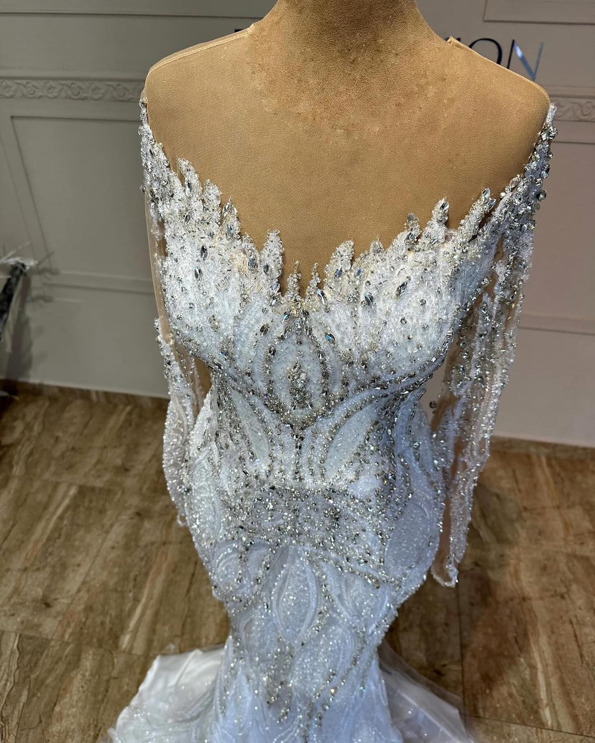 2024 Arabic Aso Ebi Off White Luxurious Mermaid Wedding Dresses Rhinestones Detachable Sequined Lace Vintage Bridal Gowns Dress ZJ033