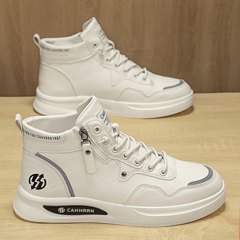 2025 New Men's Leather Spliced High Top Shoes For Outdoor Leisure White Snow Boots For Autumn Warmth No Lace Up Side Zipper Flat Bottomed Board M