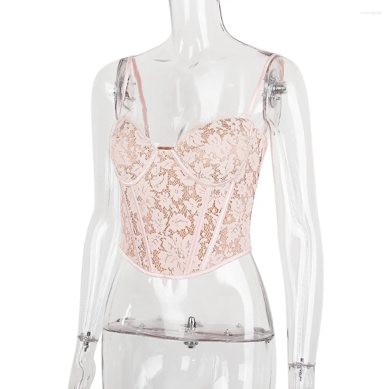 Women's Tanks 2024 High Quality Summer Corset Top Y2k Vintage Lace Women Sexy Padded Camis Pink Bodycon Crop For Party Club