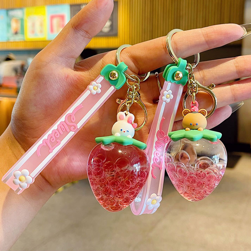 Sweet Strawberry Fruit Cup Floating Rabbit Keychain Cute Moving Liquid Quicksand Bear Doll Key Chain Women Girl Bag Gift Pendant