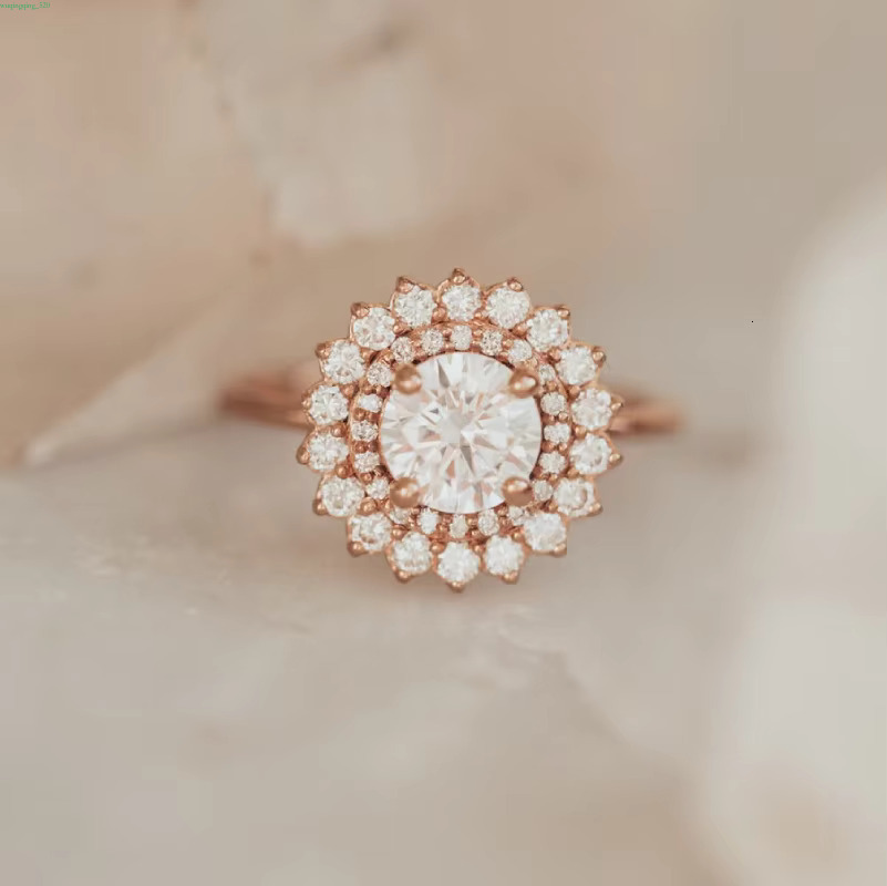 Engagement Moissanite 6mm Round DEF Dia Wedding Ring Double Halo wer Vintage Rose Gold Black Women's CLASSIC Lovers gorgeous