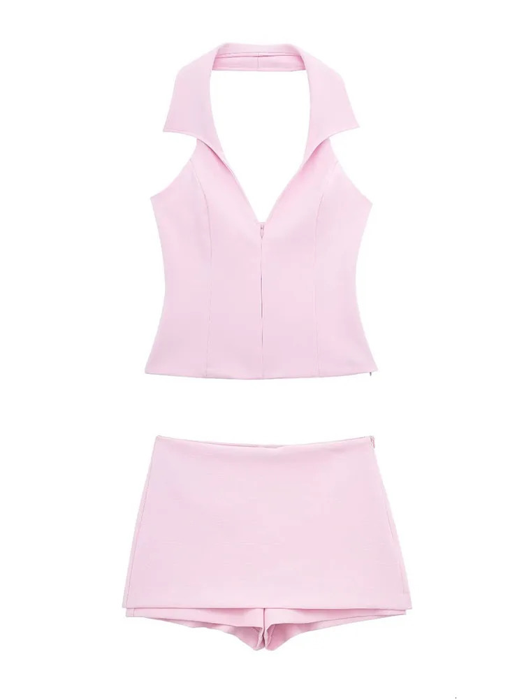 Women Casual Skirts Shorts Set Chic Halter Shirt Neck Backless Top Sweet Pink Summer Sexy Sets