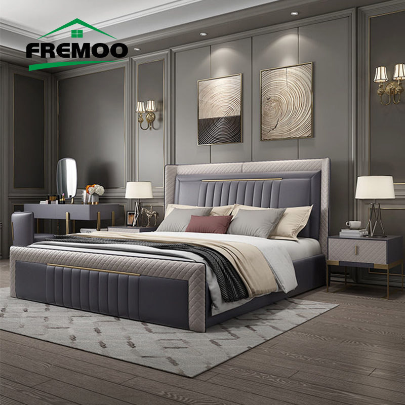 Luxury Leather Bed Master Bedroom King Size Double Bed Solid Wood Frame Home Furniture