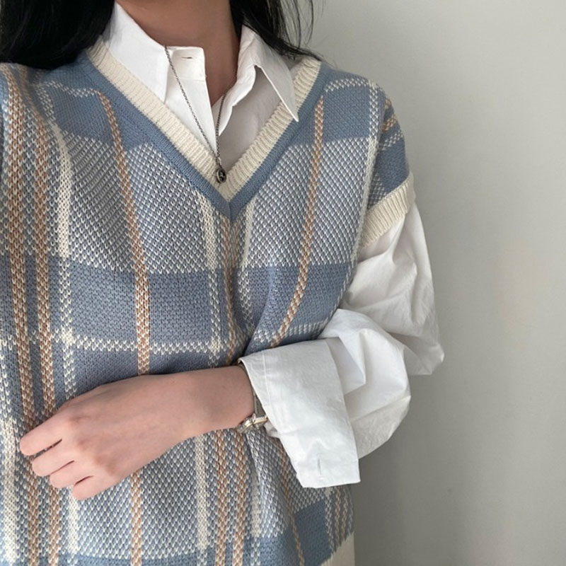 Autumn Winter Female Korean Loose Sweater Vest Vintage Office-lady V-neck Jumpers Pullover Women Knitted Tops Pull Femme 23875