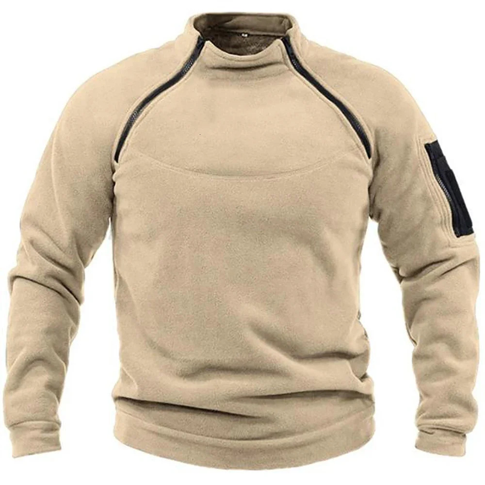 Mens Fleece Pullover Solid Color Standing Collar Jacket Tactical Outdoor Sportwear Coats Male Windproof Thick Sweatshirts 241120